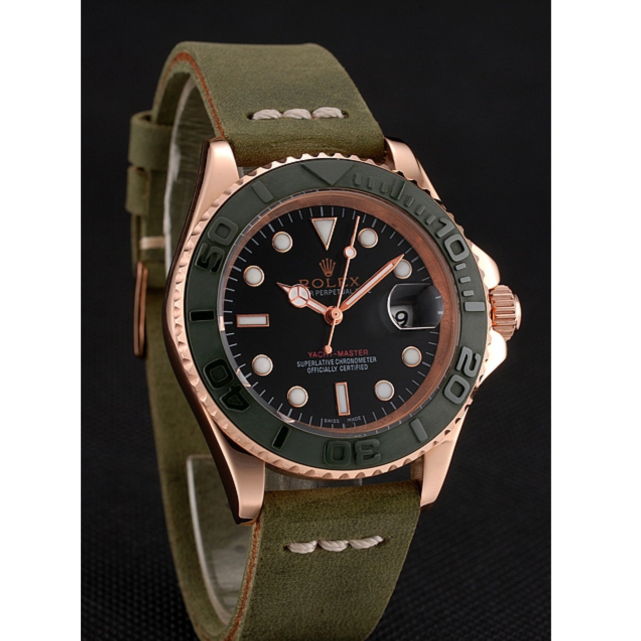 MiroTime 1013 Rolex Yacht Master Black Dial Green Bezel Rose Gold Case Green Leather Bracelet 1453862